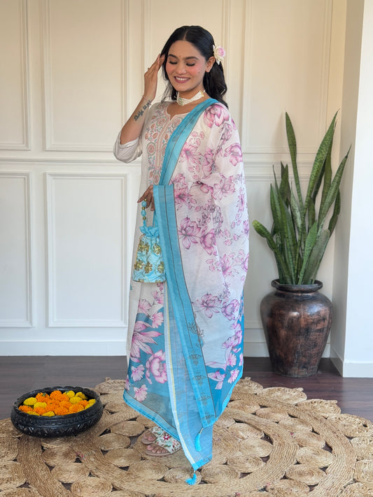 White Kurta Set with Blue Floral Dupatta