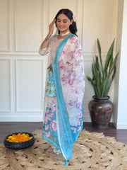 White Kurta Set with Blue Floral Dupatta