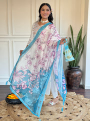 White Kurta Set with Blue Floral Dupatta