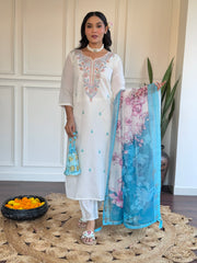 White Kurta Set with Blue Floral Dupatta