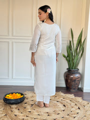 White Kurta Set with Blue Floral Dupatta