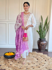White Kurta Set with Blue Floral Dupatta