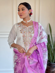 White Kurta Set with Blue Floral Dupatta