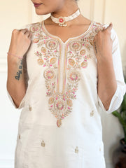 White Kurta Set with Blue Floral Dupatta