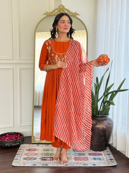 Rust Orange Embroidered Kurta Set with Printed Dupatta