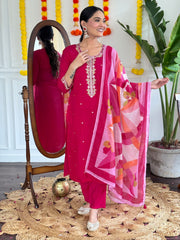 Rani Pink Embroidered Kurta Set with Printed Dupatta