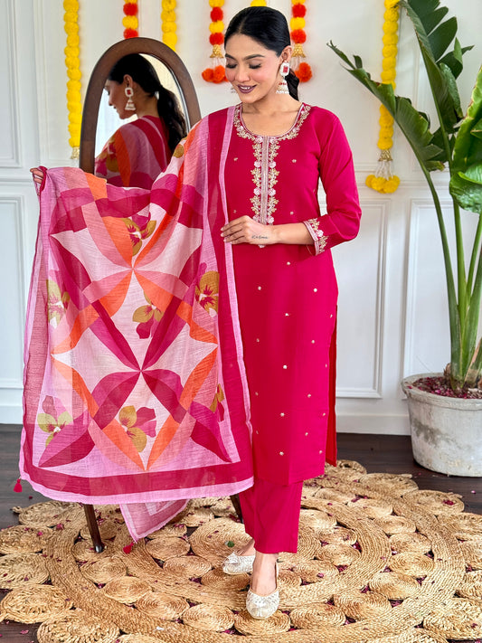 Rani Pink Embroidered Kurta Set with Printed Dupatta