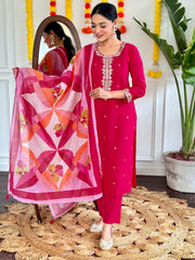 Rani Pink Embroidered Kurta Set with Printed Dupatta