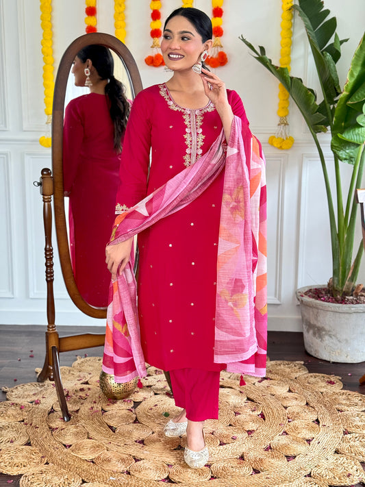 Rani Pink Embroidered Kurta Set with Printed Dupatta