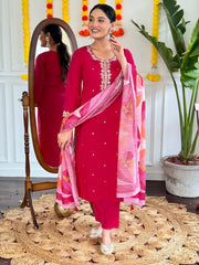 Rani Pink Embroidered Kurta Set with Printed Dupatta