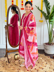 Rani Pink Embroidered Kurta Set with Printed Dupatta