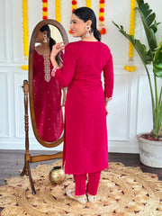 Rani Pink Embroidered Kurta Set with Printed Dupatta