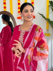 Rani Pink Embroidered Kurta Set with Printed Dupatta