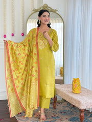 Lime Green Embroidered Kurta Set with Printed Dupatta