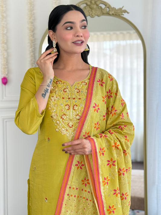 Lime Green Embroidered Kurta Set with Printed Dupatta