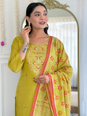 Lime Green Embroidered Kurta Set with Printed Dupatta