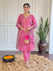Rani Pink Kurta Set with Floral Printed Dupatta