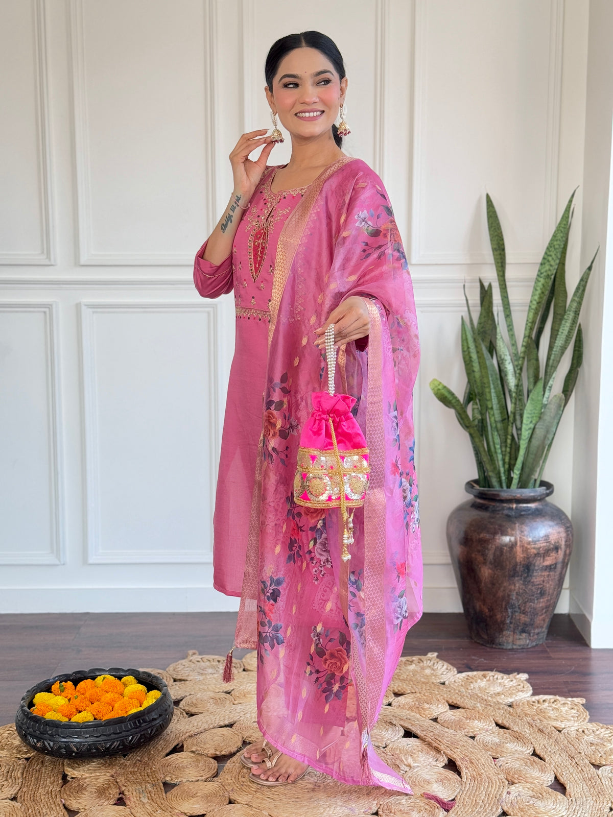 Rani Pink Kurta Set with Floral Printed Dupatta