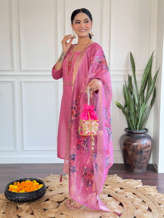 Rani Pink Kurta Set with Floral Printed Dupatta