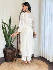 White Kurta Set with Black Printed Dupatta