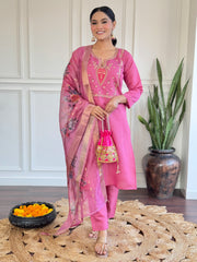 Rani Pink Kurta Set with Floral Printed Dupatta