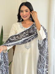 White Kurta Set with Black Printed Dupatta