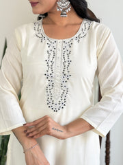 White Kurta Set with Black Printed Dupatta
