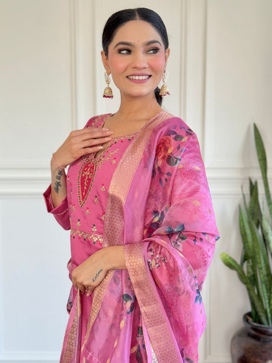 Rani Pink Kurta Set with Floral Printed Dupatta