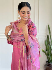 Rani Pink Kurta Set with Floral Printed Dupatta