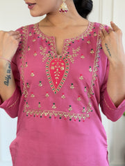 Rani Pink Kurta Set with Floral Printed Dupatta