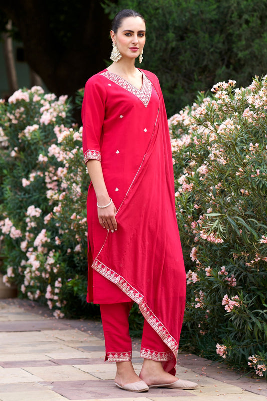 Red Embroidered Kurta Set