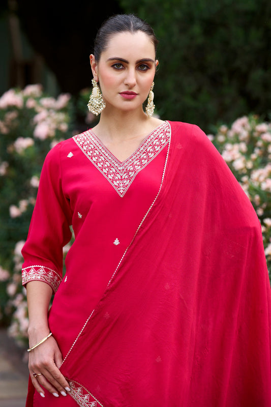 Red Embroidered Kurta Set