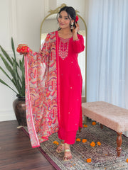 Rani Pink Embroidered Kurta Set with Bandhani Dupatta