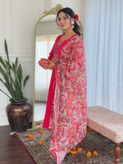 Rani Pink Embroidered Kurta Set with Bandhani Dupatta