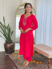 Rani Pink Embroidered Kurta Set with Bandhani Dupatta
