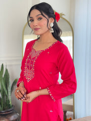 Rani Pink Embroidered Kurta Set with Bandhani Dupatta