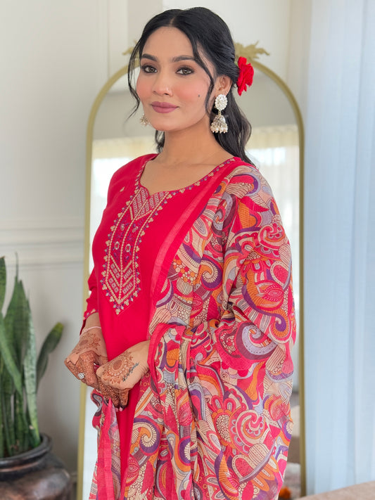 Rani Pink Embroidered Kurta Set with Bandhani Dupatta