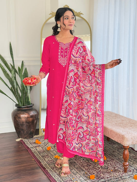Rani Pink Embroidered Kurta Set with Bandhani Dupatta