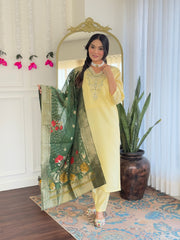 Lemon Yellow Kurta Set with Green Banarasi Dupatta