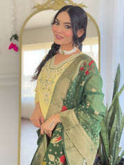 Lemon Yellow Kurta Set with Green Banarasi Dupatta