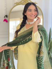 Lemon Yellow Kurta Set with Green Banarasi Dupatta
