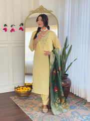 Lemon Yellow Kurta Set with Green Banarasi Dupatta