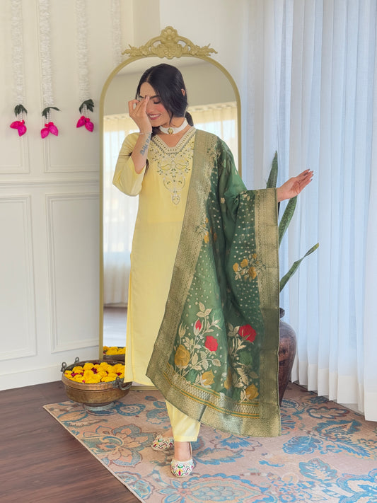 Lemon Yellow Kurta Set with Green Banarasi Dupatta