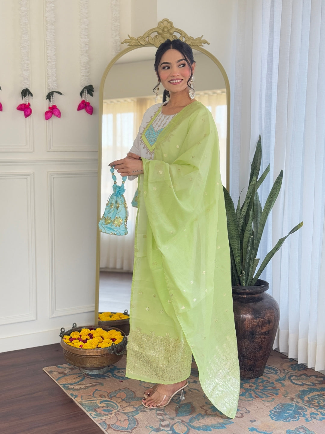 White Kurta Set with Lime Dupatta