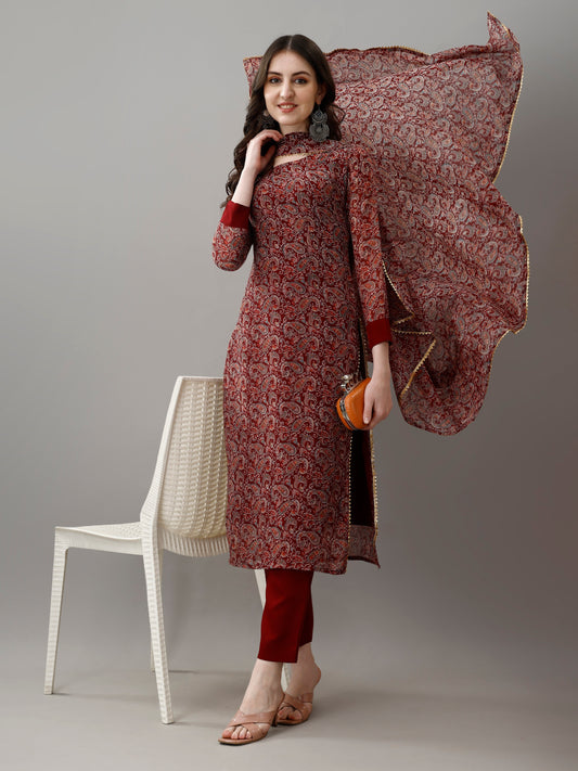 Dusty Rose Kurta Set with Floral Print Dupatta