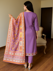 Purple Embroidered Kurta Set with Multicolor Dupatta