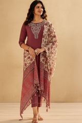 Maroon Cotton Silk Kurta Set with Embroidery