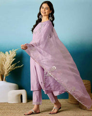 Lavender Silk Kurta Set with Mirror Work