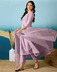 Lavender Silk Kurta Set with Mirror Work