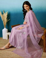 Lavender Silk Kurta Set with Mirror Work